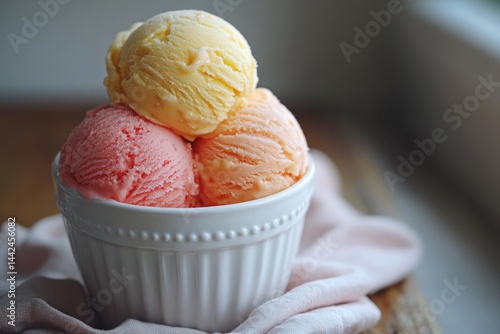 Three scoops of yellow and pink ice cream in a white bowl