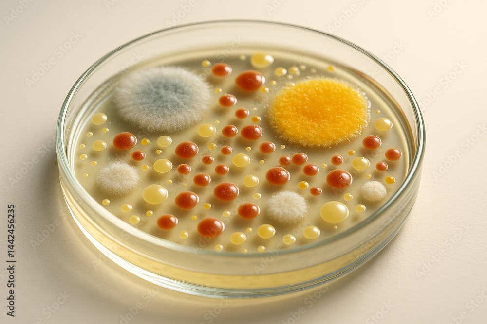 Petri dish with colorful colonies of mold and bacteria on agar. Petri dish with colorful colonies of mold and bacteria on agar.
