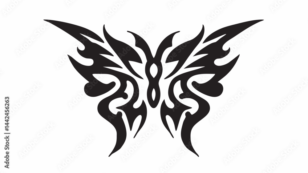 Fototapeta premium A fierce, stylized butterfly, a symbol of transformation and freedom, rendered in bold black ink against a stark white background.