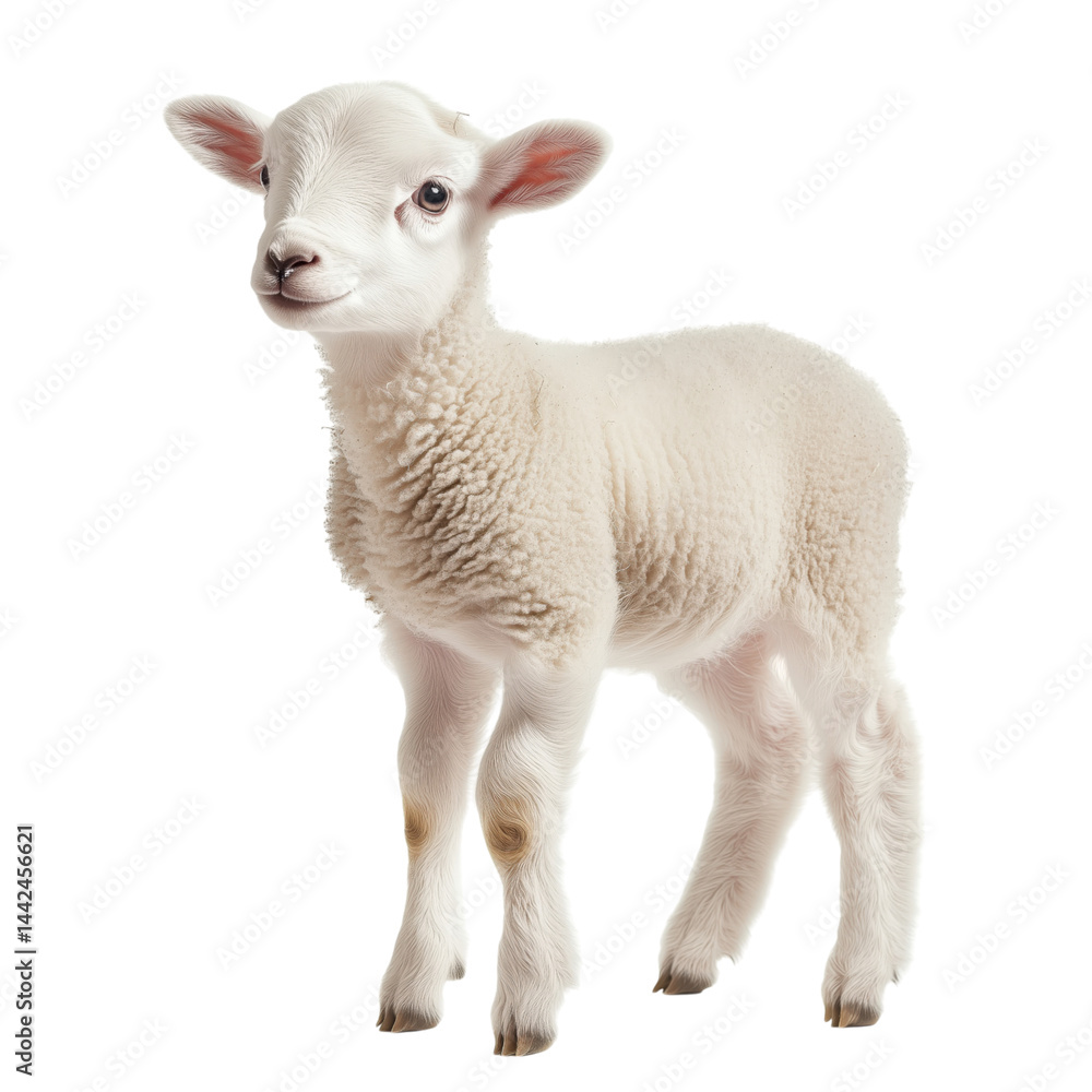 Fototapeta premium Side view of a tiny baby lamb standing, looking slightly left, cut out and isolated on a transparent background 