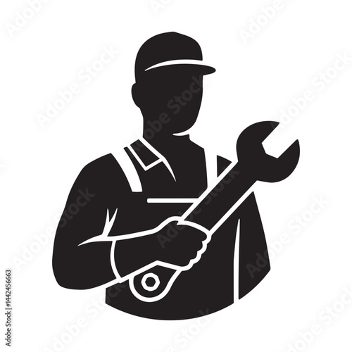 Skilled mechanic holding wrench wearing helmet job silhouette vector graphic