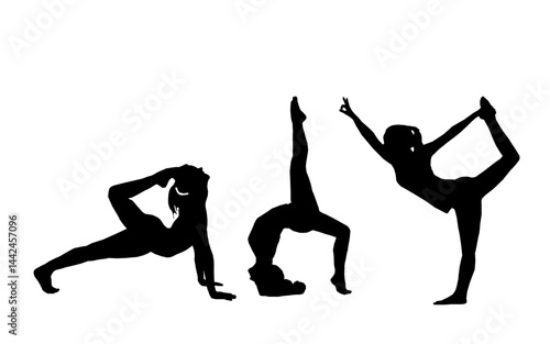 Silhouttes of yoga. Silhouttes of yoga poses. Collection of yoga poses. Woman yoga silhouttes. Asana set. Sport Women Silhouettes.