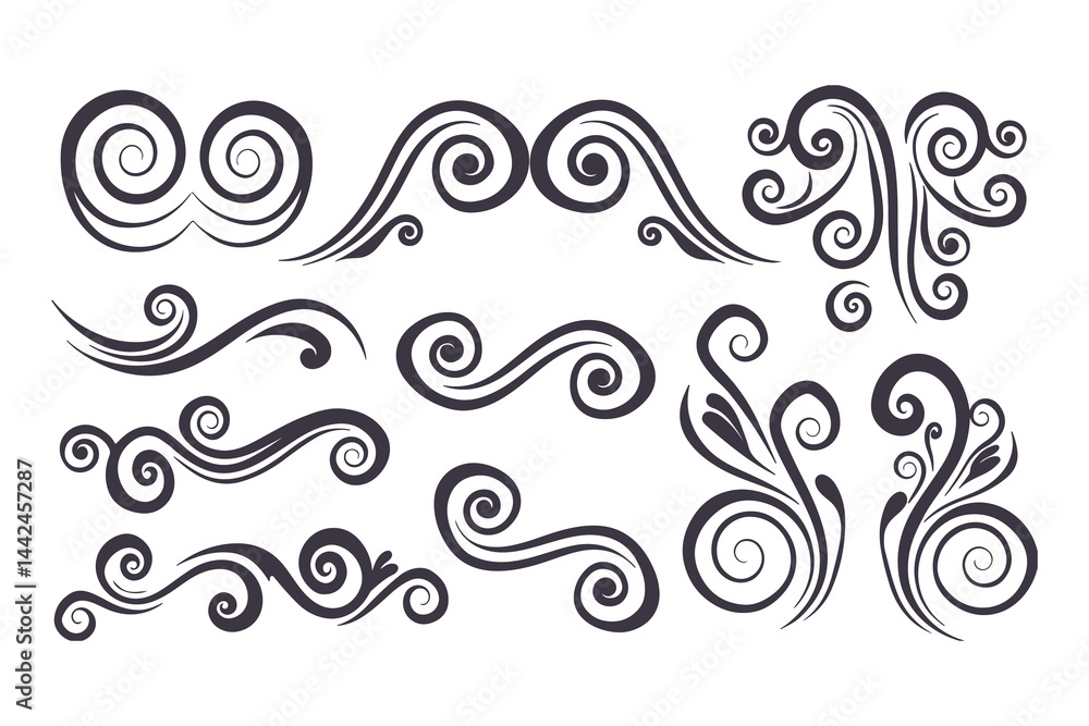 Fototapeta premium Swirl and Spiral Vector Silhouette Set. Decorative Elements Perfect for Invitations, Logos, Tattoos, and Art Projects, Stylish Touch for Graphic Design