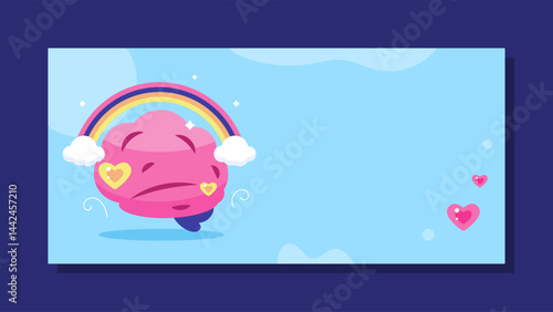 mental health banner. awareness and concern with mental health. psychological, mind, feeling. illustration of brain with heart and rainbow symbol. horizontal blue background. element
