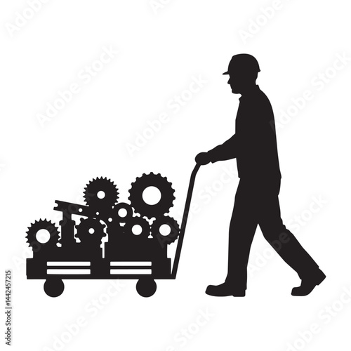Industrial worker transporting mechanical gears in warehouse trolley black vector silhouette
