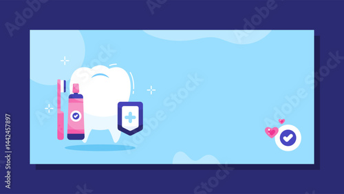 dental clinic banner. caring for dental health and dental hygiene care. specialist dentist. illustration of clean white teeth with toothbrush, toothpaste, shield. horizontal blue background. elements
