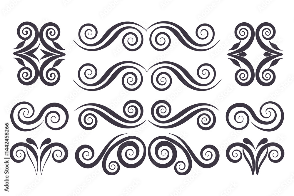 Fototapeta premium Swirl and Spiral Vector Silhouette Set. Decorative Elements Perfect for Invitations, Logos, Tattoos, and Art Projects, Stylish Touch for Graphic Design