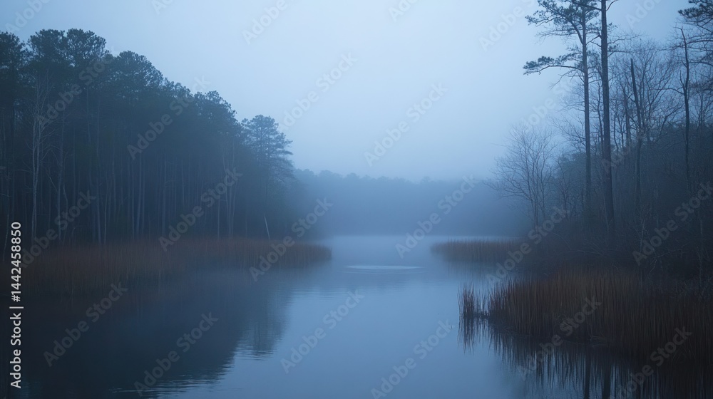 Fototapeta premium A serene misty lake surrounded by dark trees and vegetation