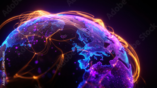 A vivid depiction of digital planet earth surrounded by glowing cyber energy, ideal for creative, commercial, or editorial purposes.