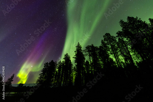 Northern lights in Kiruna, Sweden, reflecting on calm water in September with stars and forest in the background.