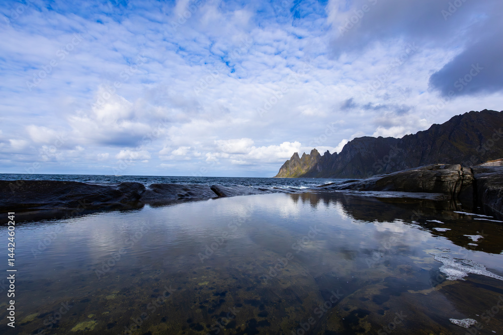 Autumn landscape of Senja Island in Northern Norway with colorful foliage, mountains, and a serene fjord.