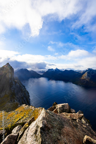 Obraz na płótnie Stunning autumn landscape of Segla Mountain in Senja Island, Northern Norway, with dramatic cliffs and fjords. w salonie