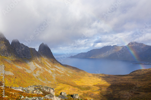 Obraz na płótnie Stunning autumn landscape of Segla Mountain in Senja Island, Northern Norway, with dramatic cliffs and fjords. w salonie
