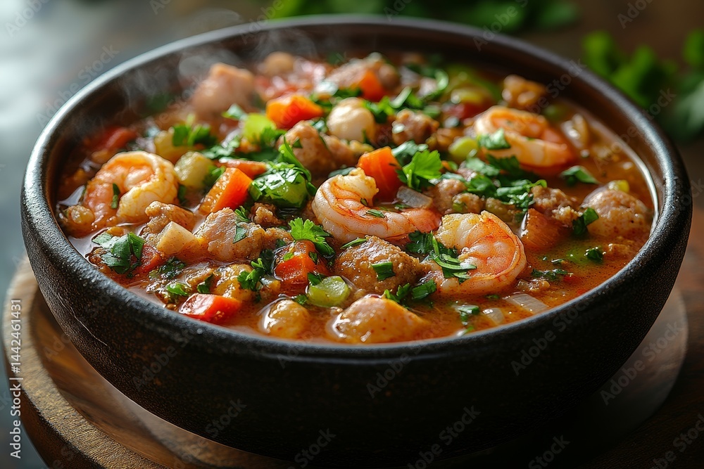 Steaming seafood gumbo in bowl, kitchen setting, food blog use Steaming seafood gumbo in bowl, kitchen setting, food blog use