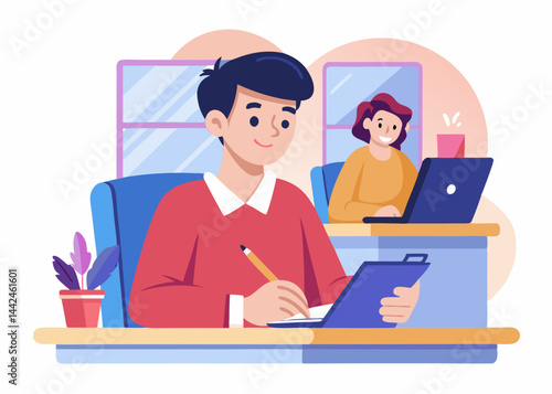 Teamwork. Two People Working on a Project in an Office