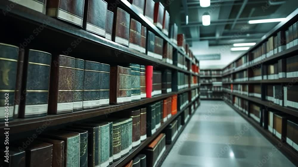 Video Still image Library Shelves Filled With Books in dim lighting. Focus on rows of hardcover books with blue and brown covers Video Still image Library Shelves Filled With Books in dim lighting. Focus on rows of hardcover books with blue and brown covers