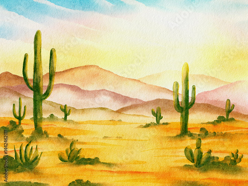 Vibrant desert landscape at sunset with cacti and distant mountains in soft watercolor tones