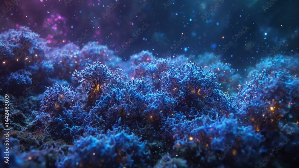 Obraz premium Glowing cybernetic coral formations sway in an abandoned underwater lab, bathed in violet and blue light.