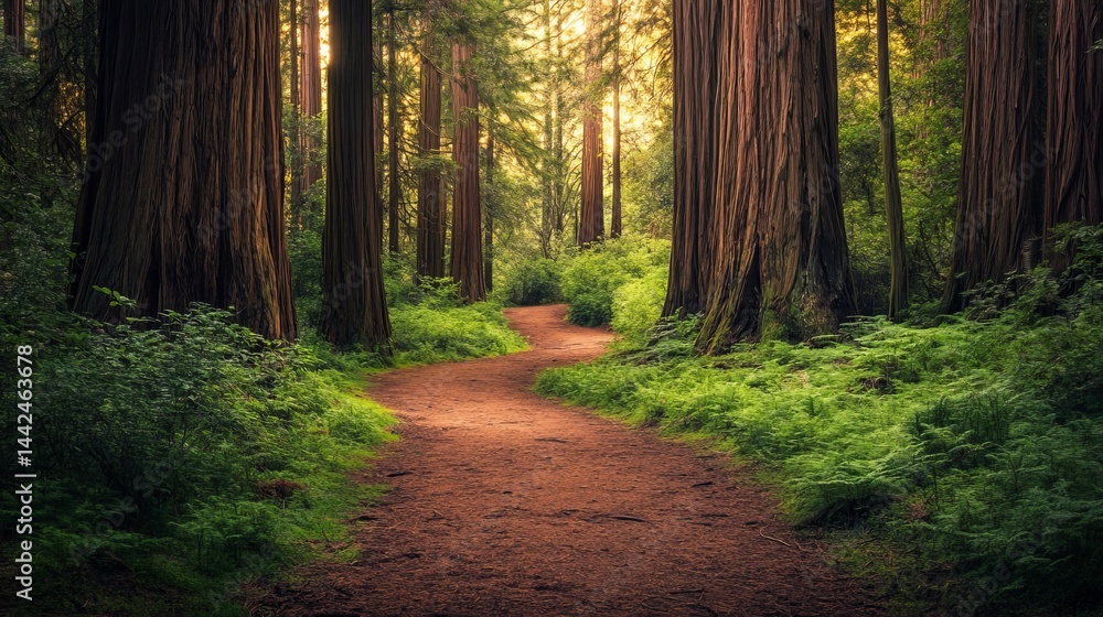 Fototapeta premium Serene forest path winding through tall redwood trees walk calm lush view park woods green trail