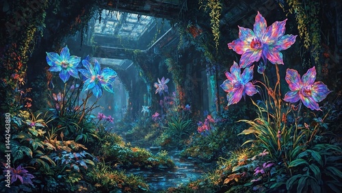 Bioluminescent jungle scene with crystal orchids blooming inside an abandoned research facility.