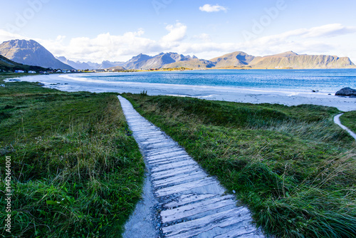 Obraz na płótnie Autumn landscape in Lofoten Islands, Northern Norway, featuring colorful foliage, and a peaceful fjord. w salonie