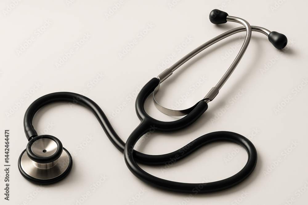 A black stethoscope lies on a clean white surface, symbolizing healthcare and diagnostics. A black stethoscope lies on a clean white surface, symbolizing healthcare and diagnostics.