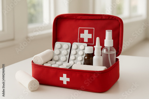 A bright red first aid kit with various medical supplies including pills, sprays, and bandages on a clean background.