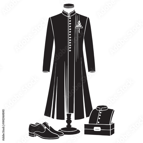 Lavish Sherwani silhouette, iconic Indian ceremonial wear – Sherwani illustration – Minimalist Sherwani vector – Men's dress silhouette

