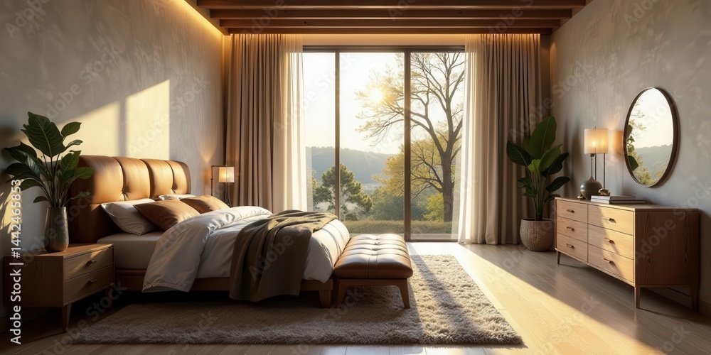 Obraz premium Serene Bedroom Sanctuary Natural Light Illuminates Luxurious Leather Bed, Wooden Furniture, and Tranquil Landscape View