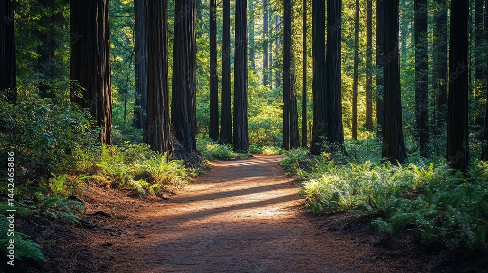 Fototapeta premium Serene redwood forest path sunlight dappled trail lush green ferns tranquil nature scene majestic trees
