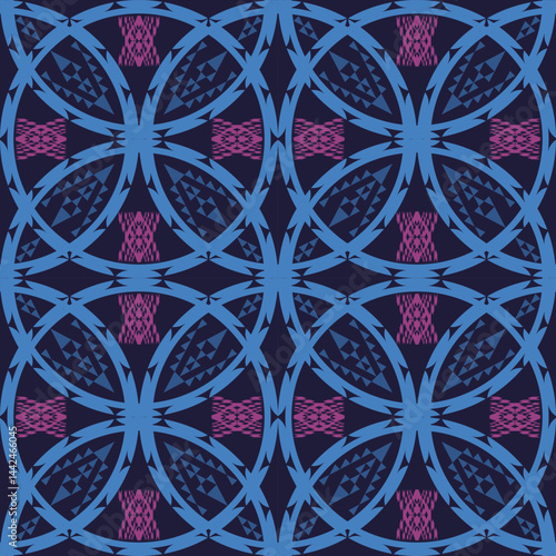 A vibrant geometric pattern featuring ovals and diamond shapes in blue,pink and warm colors, creating a symmetrical, ethnic-inspired design on a dark background.