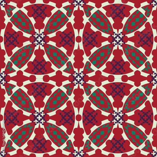 A vibrant geometric pattern featuring ovals and diamond shapes in green, blue, and red tones, creating a symmetrical, ethnic-inspired design on a red background.