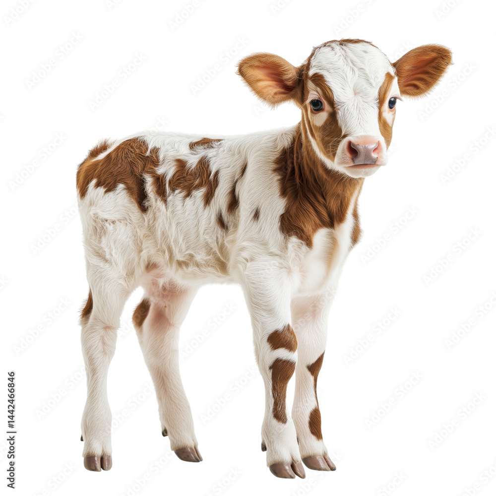 Cute brown and white calf standing, side view, isolated on transparent background, no shadow, baby farm animal cut out