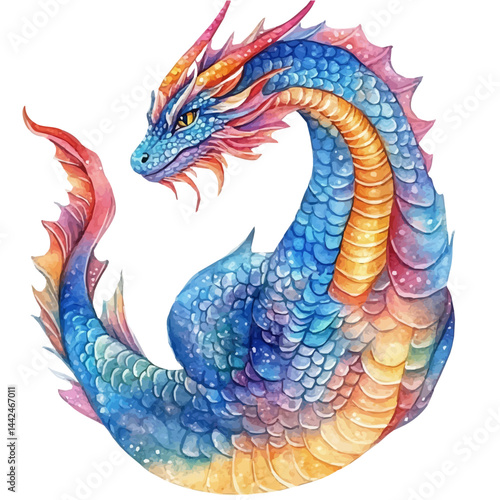 dragon with shimmering scales, watercolor drawing, isolated on a white background. dragon with shimmering scales vector.