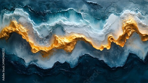Ocean Waves with Golden Shoreline: Top-Down View of Deep Blue Sea Meeting White Foam and Glistening Golden Sand