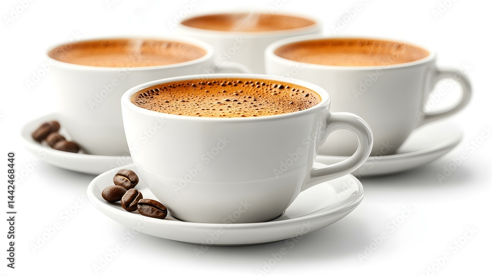 Several white ceramic coffee mugs, filled with hot frothy drink, sitting on matching saucers with brown beans. Several white ceramic coffee mugs, filled with hot frothy drink, sitting on matching saucers with brown beans.