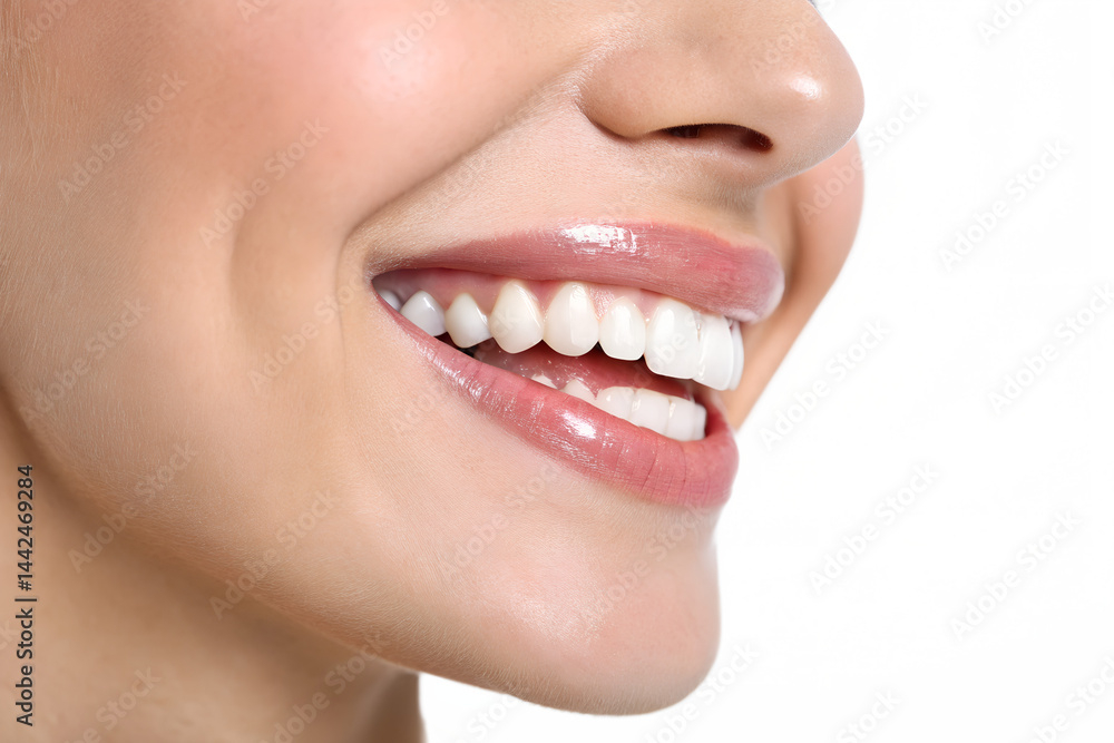 Obraz premium Bright white smile of a young woman with a clear complexion