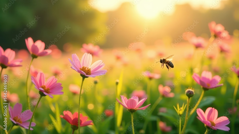 Golden Hour Pollination A single bee in flight over a field of delicate pink wildflowers bathed in the warm glow of the setting sun. Golden Hour Pollination A single bee in flight over a field of delicate pink wildflowers bathed in the warm glow of the setting sun.