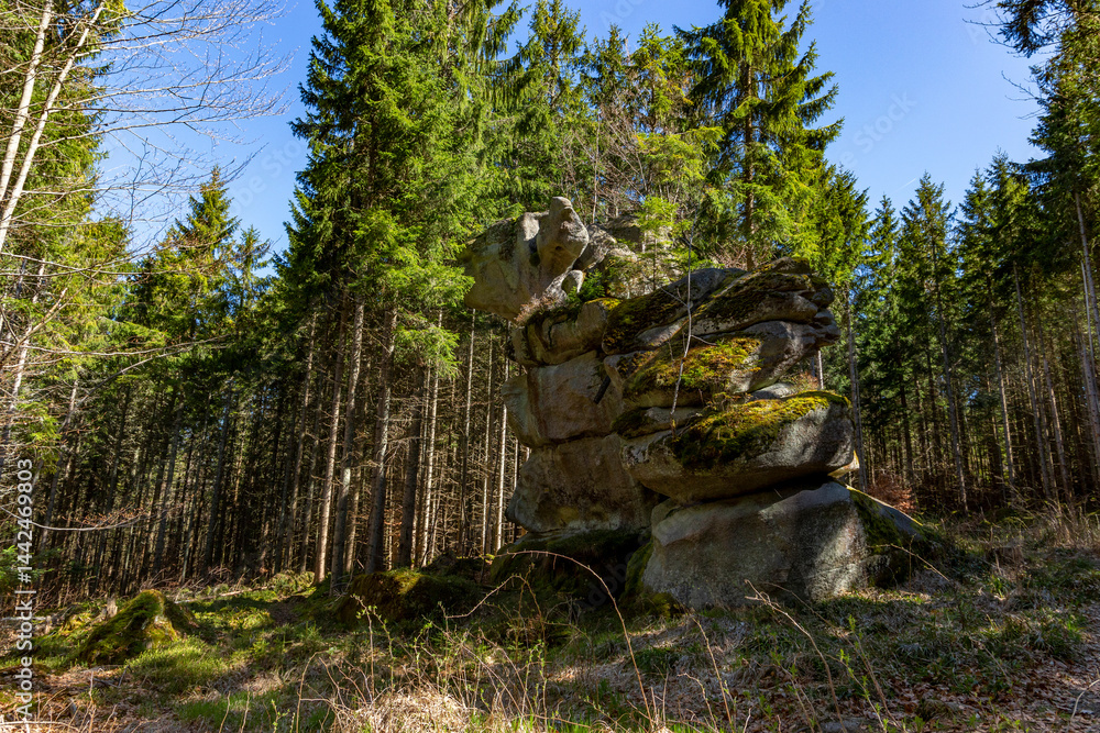 Rock formations in the Sumava Mountains, Czechia. Tourist area