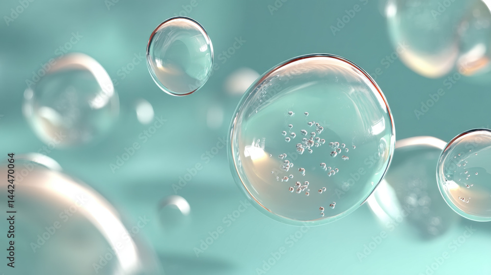 A detailed illustration of floating transparent water droplets on blue background, ideal for creative, commercial, or editorial purposes. A detailed illustration of floating transparent water droplets on blue background, ideal for creative, commercial, or editorial purposes.