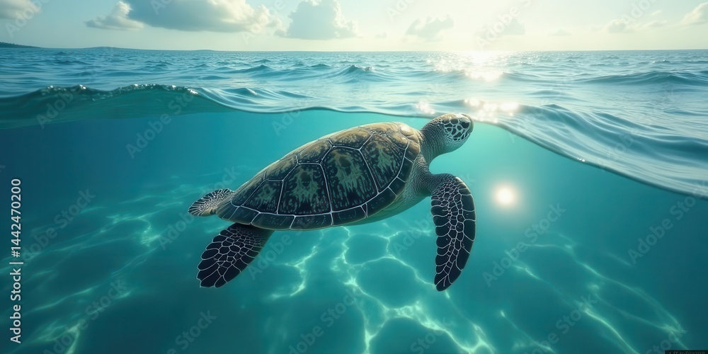 Obraz premium A sea turtle gracefully glides through the crystal-clear ocean water, sunlight filtering through the surface creating a mesmerizing underwater scene.