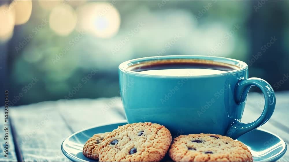 Coffee and cookies on a plate with a relaxing background.