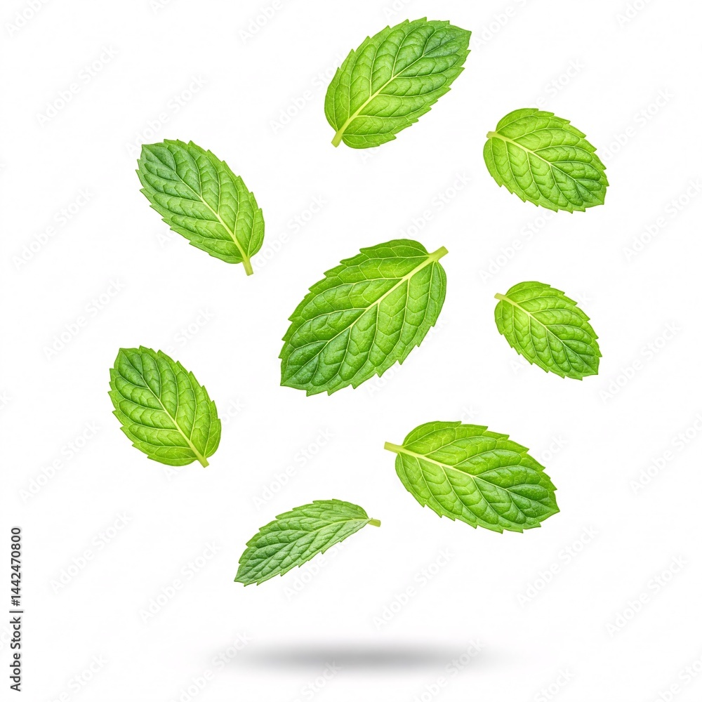 Mint leaves falling isolated on a white background Mint leaves falling isolated on a white background