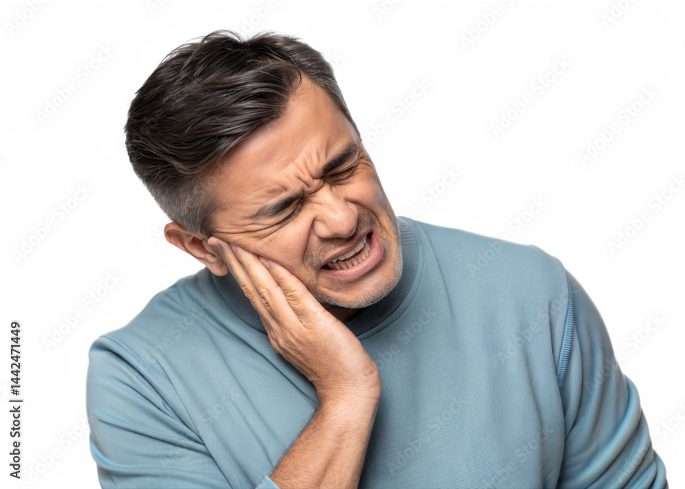 Man experiencing intense tooth pain while wearing a blue sweater Man experiencing intense tooth pain while wearing a blue sweater