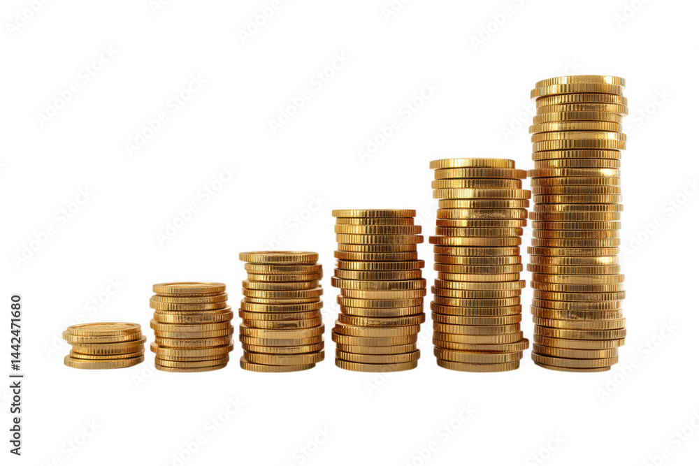 Ascending Stacks of Golden Coins isolated on transparent background Ascending Stacks of Golden Coins isolated on transparent background