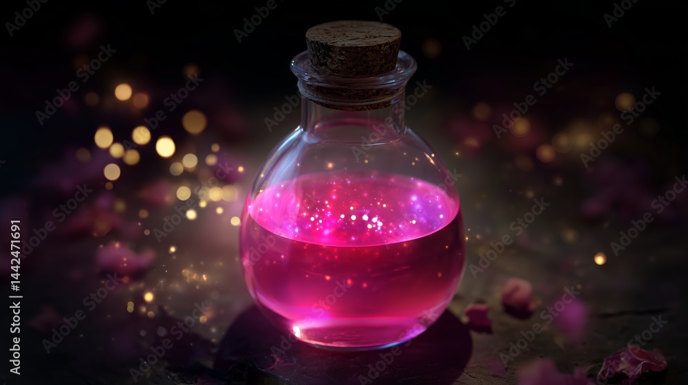 Bright pink potion with sparkles enclosed in a corked glass bottle surrounded by soft light and petals at night Bright pink potion with sparkles enclosed in a corked glass bottle surrounded by soft light and petals at night
