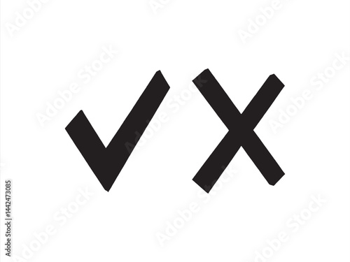 Check mark, tick and cross brush signs, green checkmark OK and red X icons, symbols YES and NO button for vote.