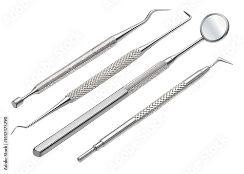 Dental instruments arranged on a transparent background for examination