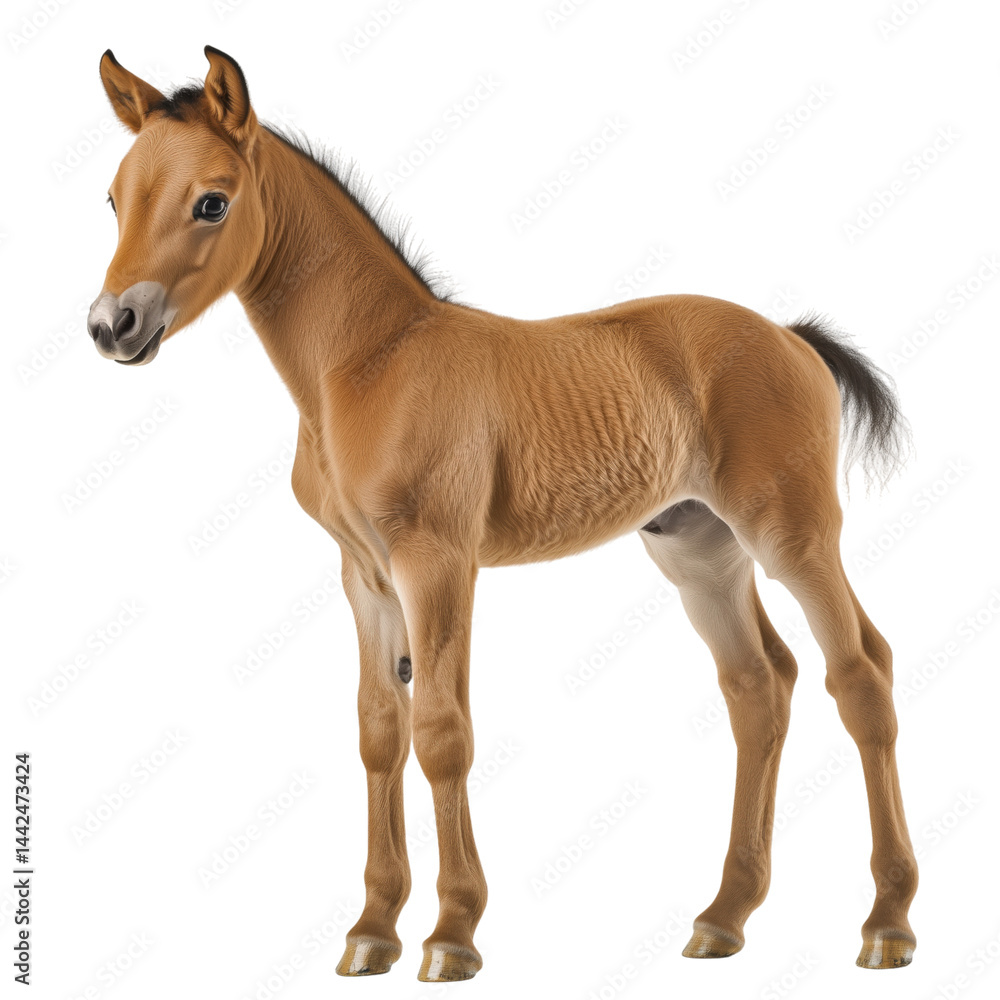 Young brown foal standing alert, full body side view, isolated on transparent background, no shadow, detailed animal cutout.
