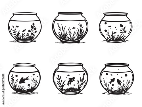 line art fishbowl illustration with fish swimming